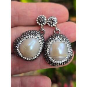 Vintage Sterling Silver Baroque Pearl Dangle Earrings with Marcasite